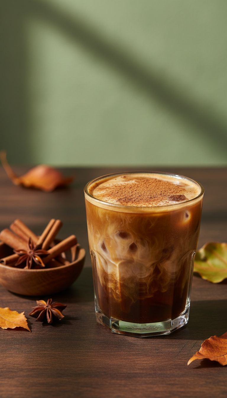 Dunkin' Sugar Free Iced Coffee: 11 Best Healthy Orders 15 Autumnal spiced iced coffee with cinnamon dusting, cinnamon sticks, star anise on dark wooden table.