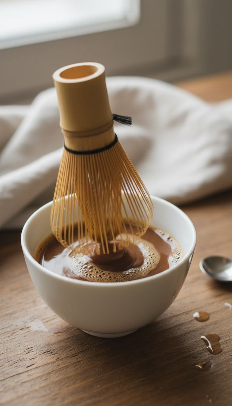 Hojicha Latte Master Recipe for Perfect Creamy Flavor 5 Bamboo Chasen whisk rapidly stirring dark brown Hojicha tea concentrate in a white ceramic bowl, creating foamy texture.