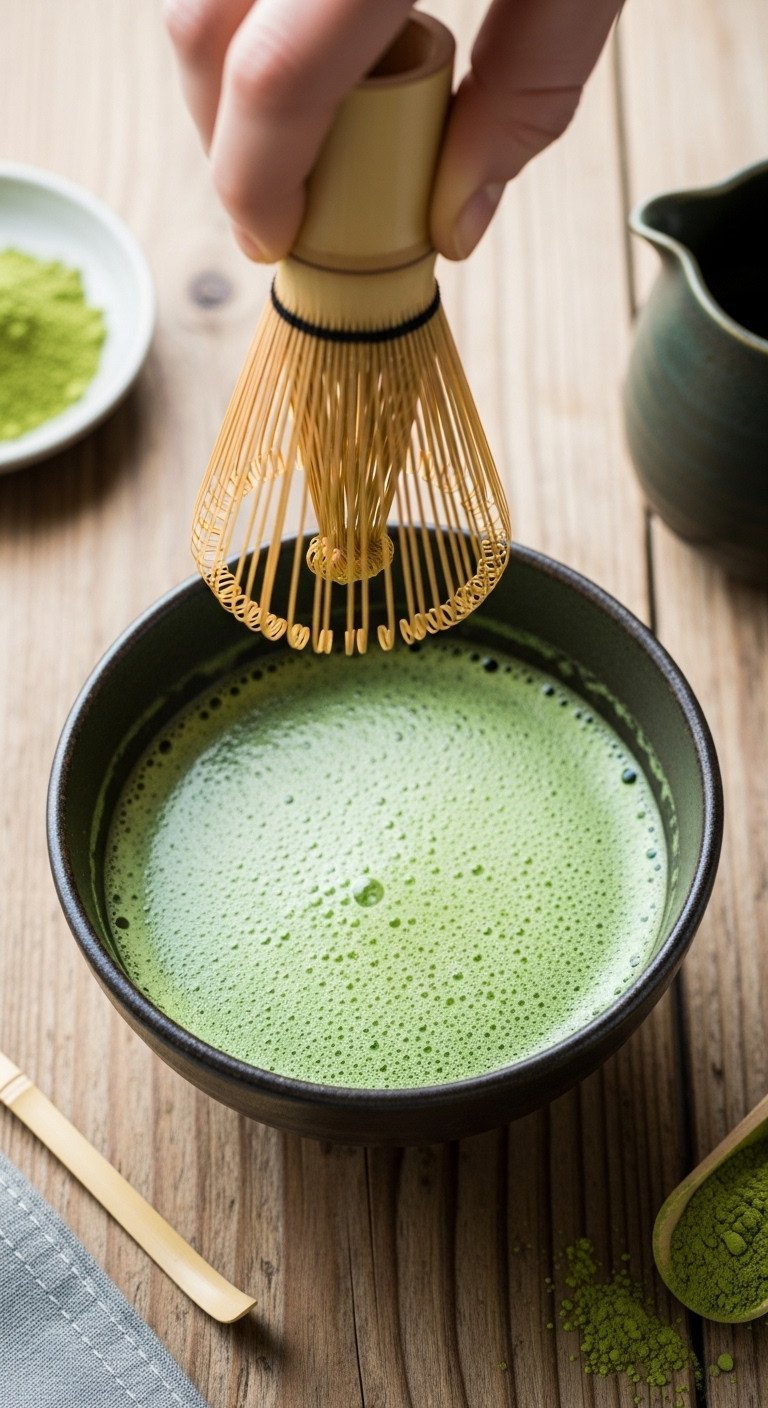 Matcha Latte Recipe The Secret to Non-Bitter Clump Free Smoothness 5 Bamboo chasen whisk rapidly creating light-green foam in a matcha bowl on rustic wood, with chasen stand.