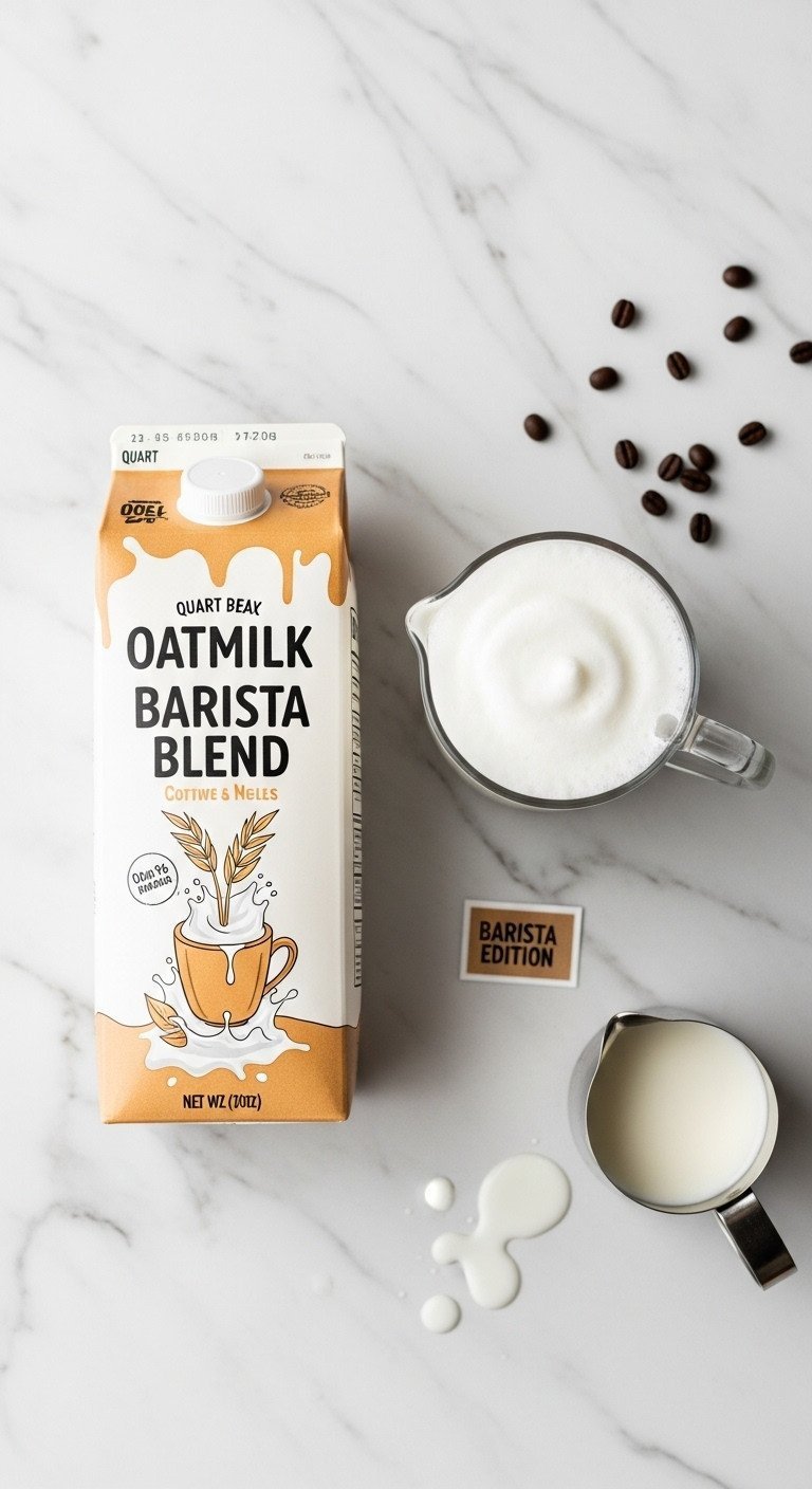 Brown Sugar Coffee: Easy Homemade Shaken Espresso Recipe 9 Barista Blend Oatmilk carton beside a glass of perfectly frothed milk and measuring cup on a clean white marble counter.