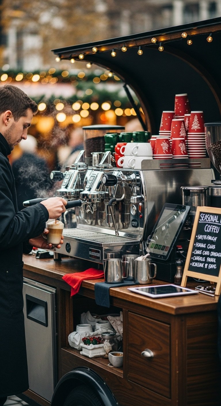 Barista crafting a latte on a mobile espresso cart at a bustling Christmas market with gleaming machine and holiday cups.