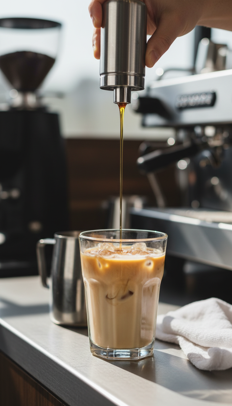 Barista's hand adding flavor syrup from a stainless steel pump to iced coffee with almond milk. Custom vegan coffee.