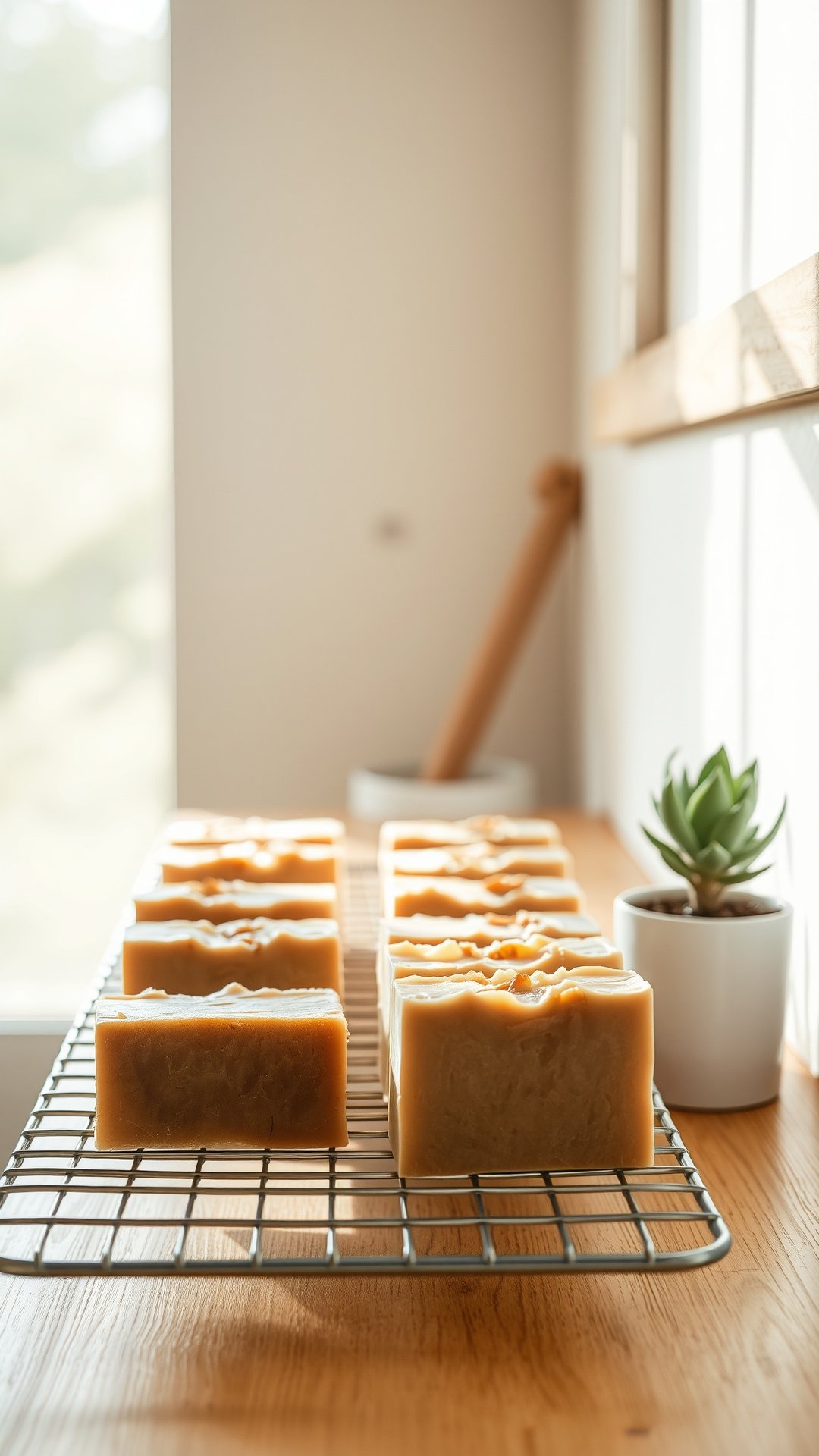 Make Perfect Coffee Soap With Our Complete Step By Step Guide 13 Bars of rustic, handmade coffee soap curing on a wire rack in a serene, sunlit room, showcasing the final stage of soap making.
