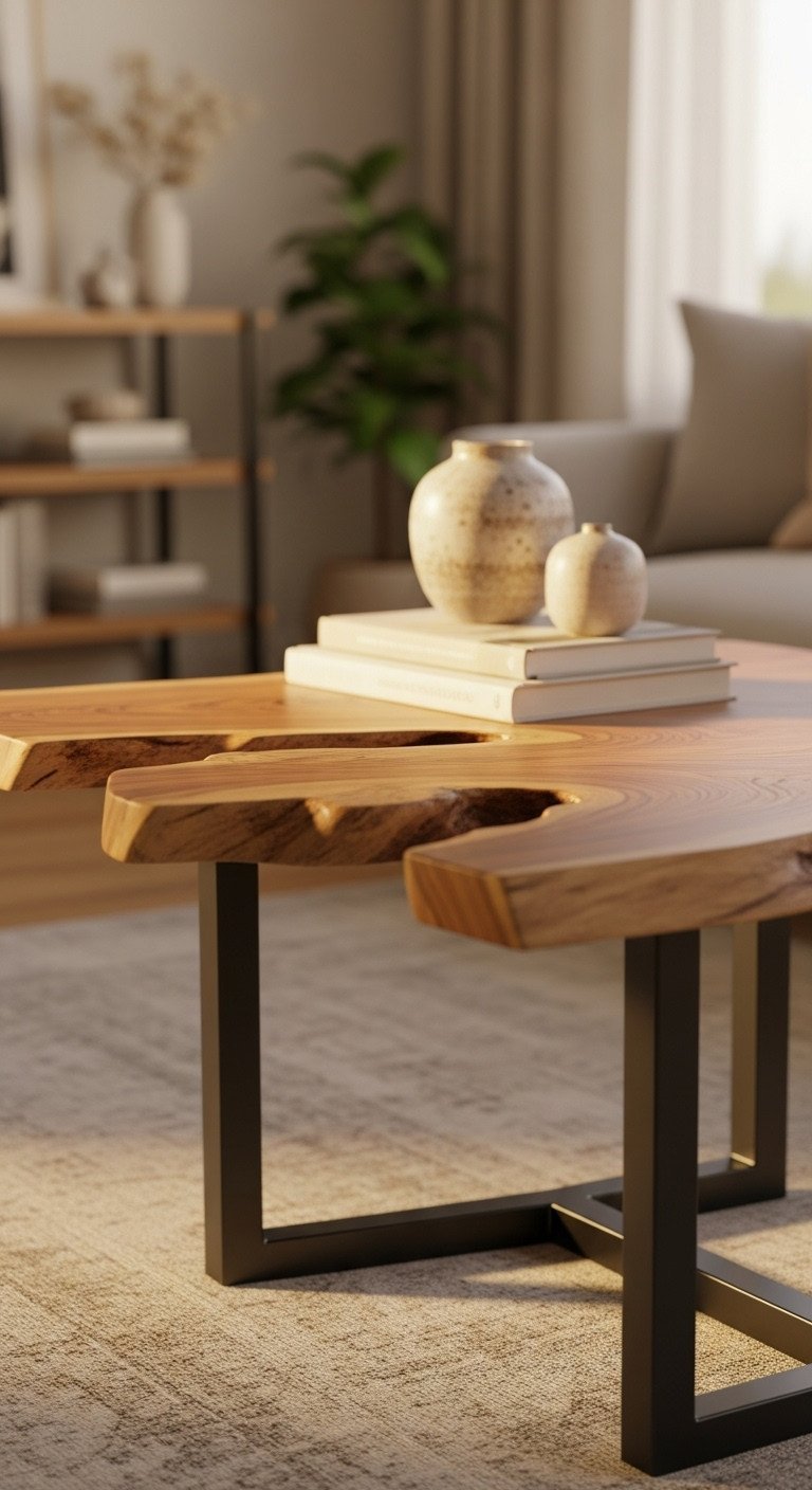 Beautiful live edge coffee table with metal legs as focal point in a modern living room, styled with elegant decor.