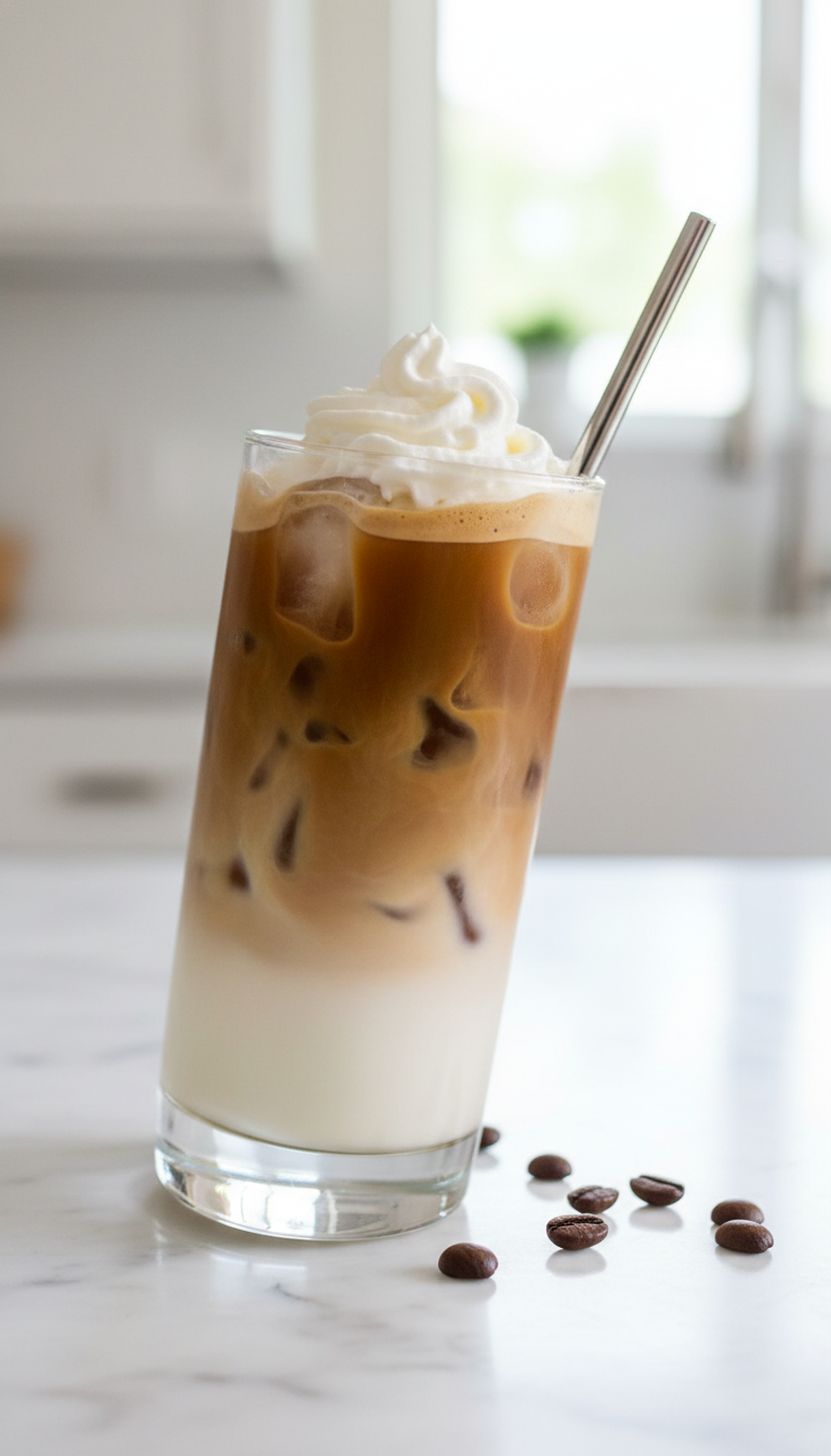 Homemade White Mocha Coffee Syrup: Starbucks Copycat Recipe 7 Beautifully layered Iced White Mocha Latte in a tall glass with ice, espresso, milk, white mocha syrup, and whipped cream.