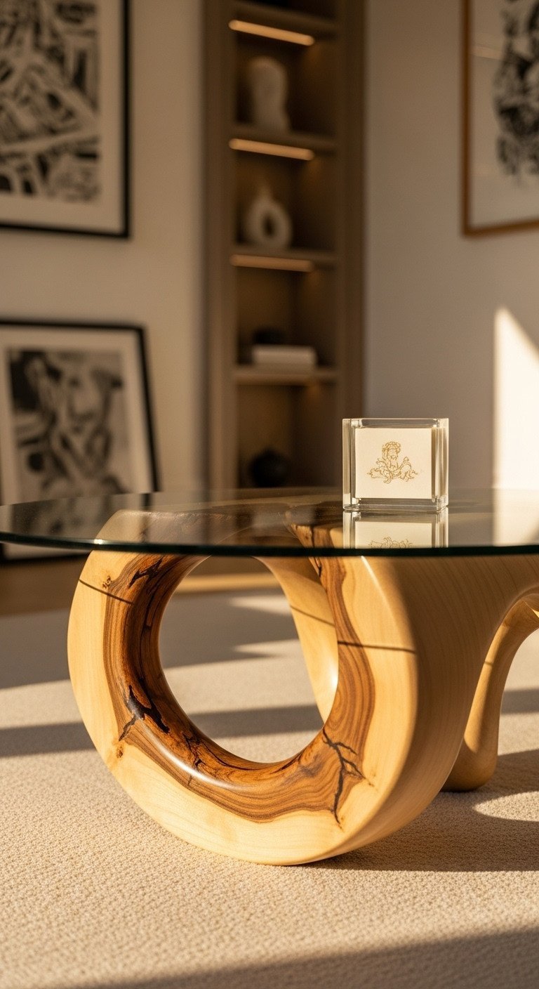 Genius Sculptural Coffee Table Designs For A Stunning Home 11 Bespoke custom wood and glass coffee table, handcrafted joinery, unique sculptural design, luxury living room with custom shelving.
