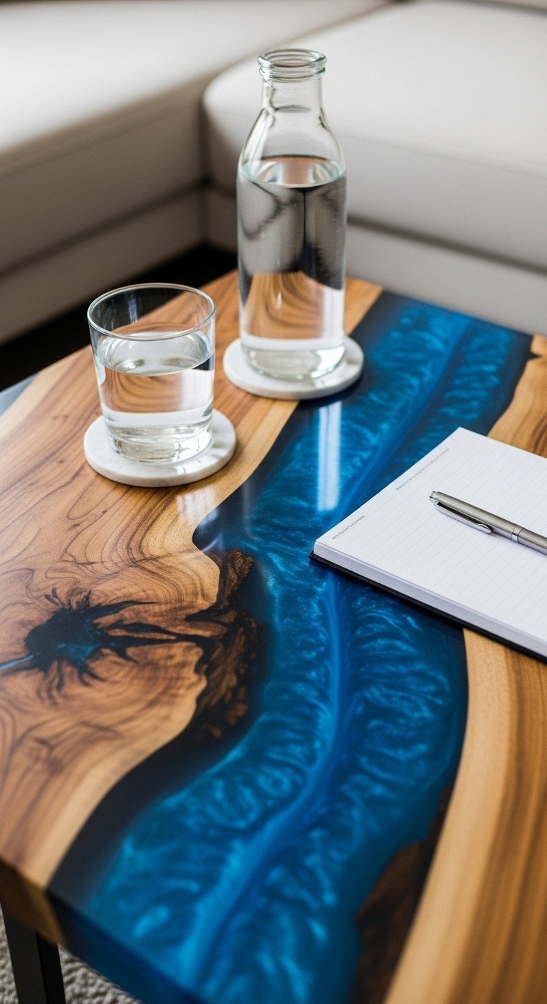 Bespoke resin art river coffee table. Deep blue epoxy flows through natural wood, a modern, unique design.