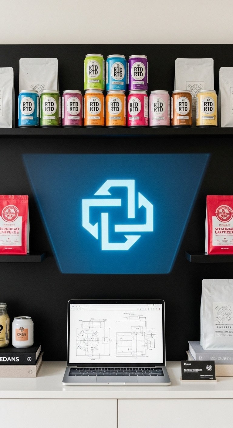 Beverage innovation: patented technology logo on coffee bags & RTD cans. Intellectual property, licensing focus.