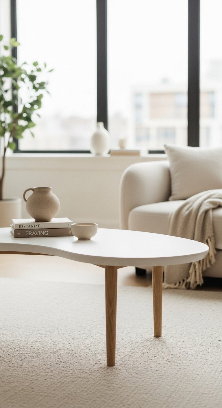 9 Creative Coffee Table Ideas To Elevate Your Home Style 17 Biomorphic curved coffee table with a light oak finish and gently curved legs, adding modern organic style to a living room.