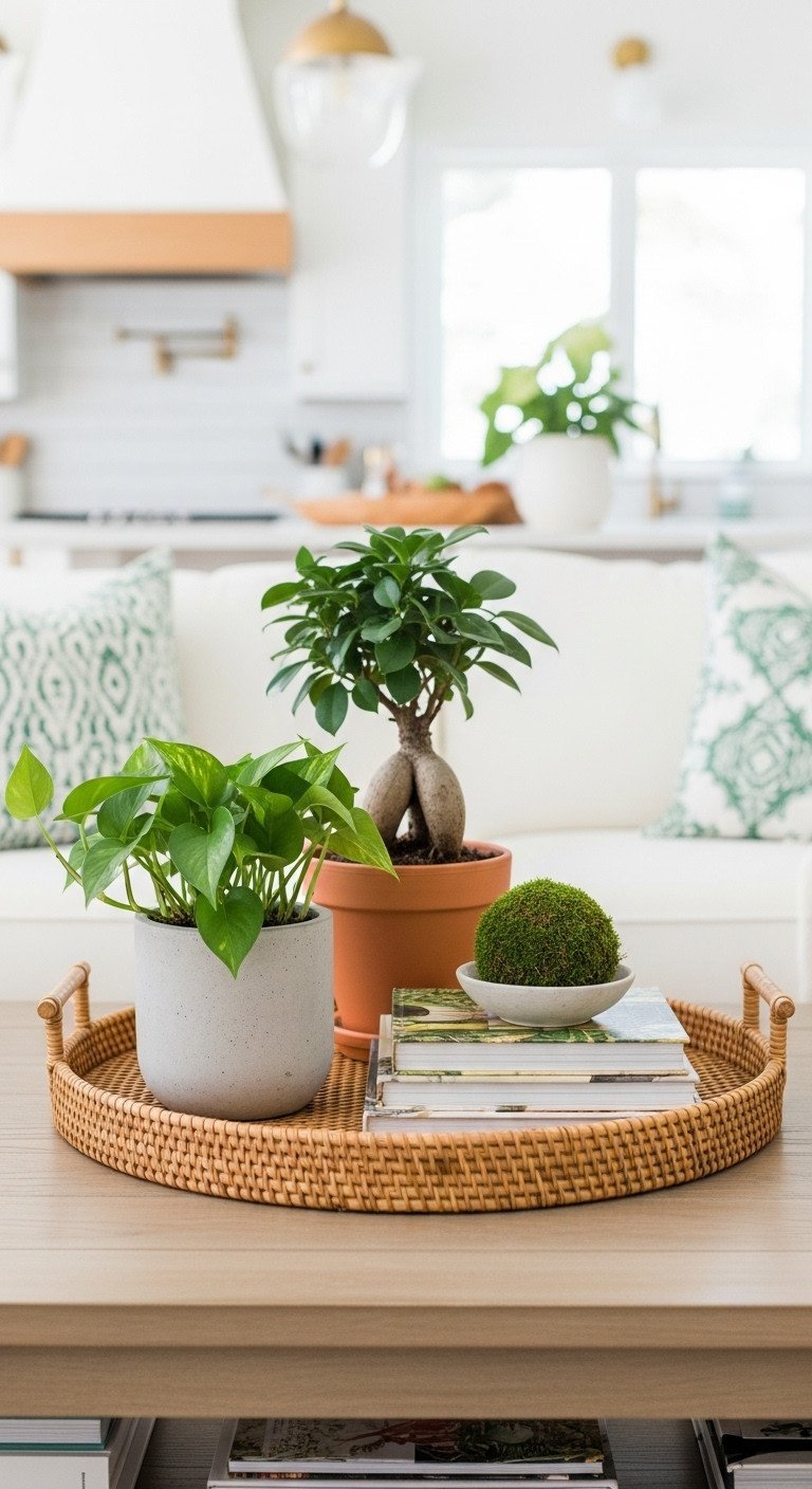 Transform Your Home With 7 Easy Coffee Table Vignettes 10 Biophilic coffee table decor: pothos, bonsai, moss ball in planters on a rattan tray with nature art books, natural wood.