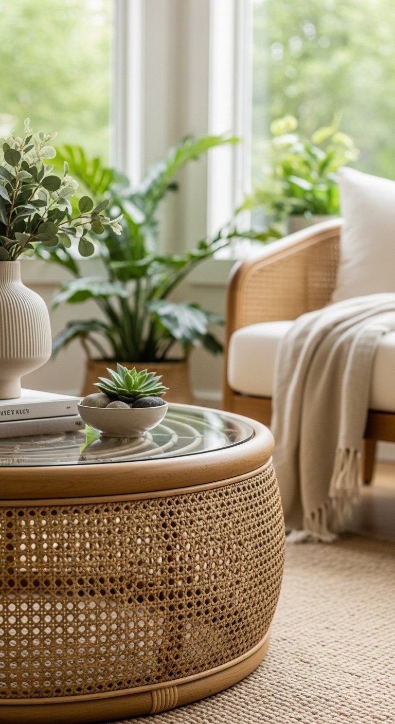 Curated Luxury Coffee Tables Finest Materials Unique Designs 11 Biophilic design coffee table with woven rattan, glass top, reflecting nature in a sun-drenched, contemporary living room.