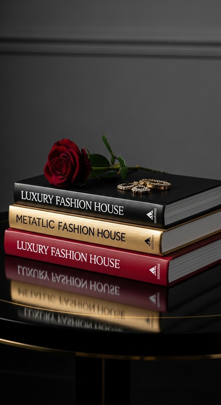 Black, gold, red luxury fashion books with branding on dark polished table, with vintage jewelry. Elegant lifestyle decor.
