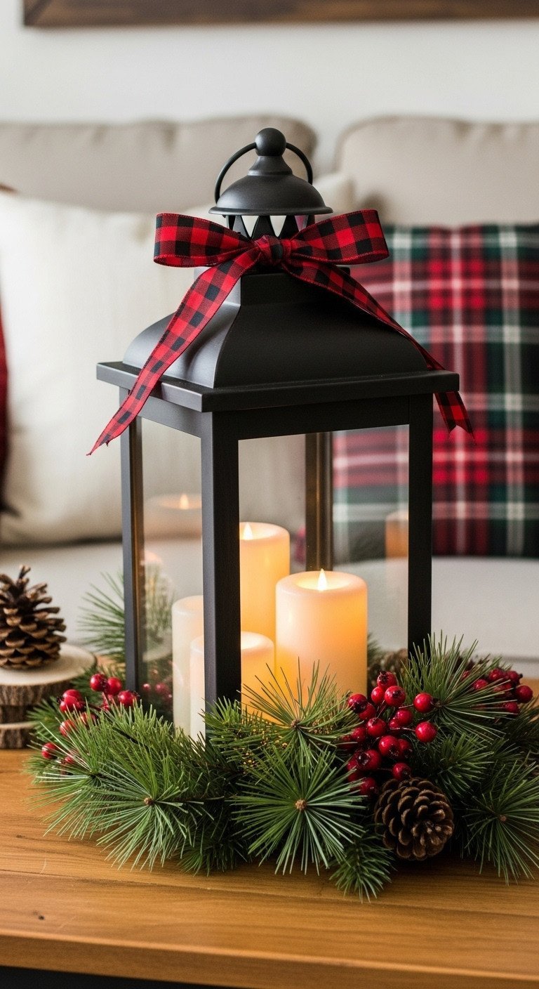 Black metal farmhouse lantern with buffalo plaid ribbon, three pillar candles, pine, red berries on rustic wood for cozy decor.