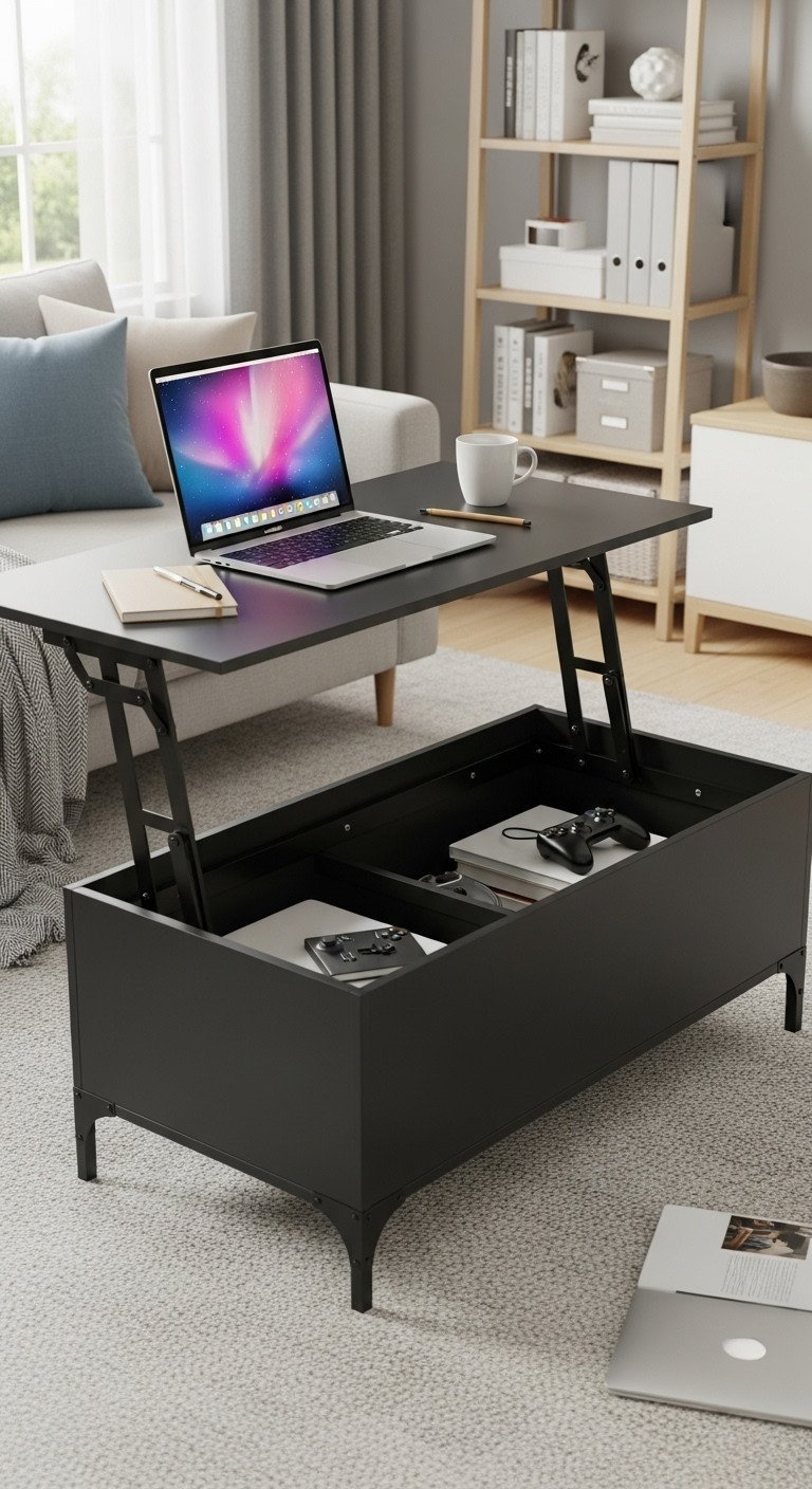 Black metal lift top coffee table extended, revealing hidden storage with laptop, mug in a cozy living room.