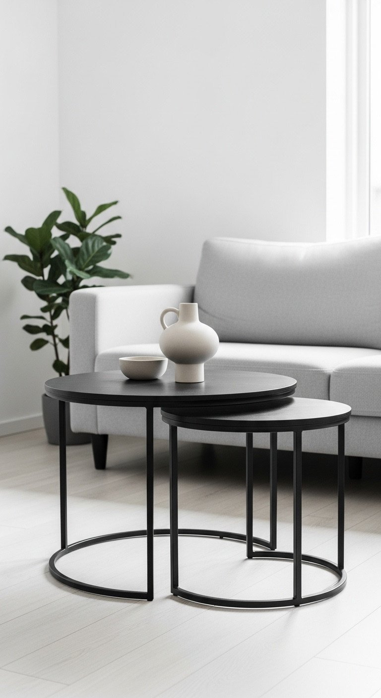 Black minimalist round nesting coffee tables, space-saving design in a bright living room with light wood floor and gray sofa.