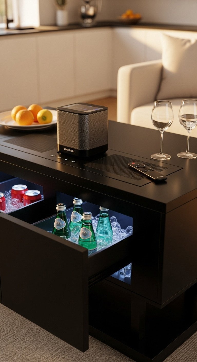 Black smart coffee table, open cooler drawers with chilled drinks, integrated Bluetooth speaker. Cozy, golden-lit modern living room setting.