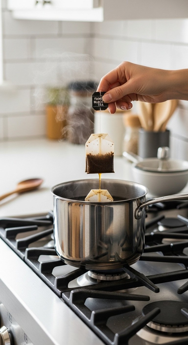 The Foolproof Sweet Tea Recipe For Perfect Clear Tea 1 Black tea bags steeping in a pot of hot amber water on a stovetop, the first step for a homemade sweet tea recipe.