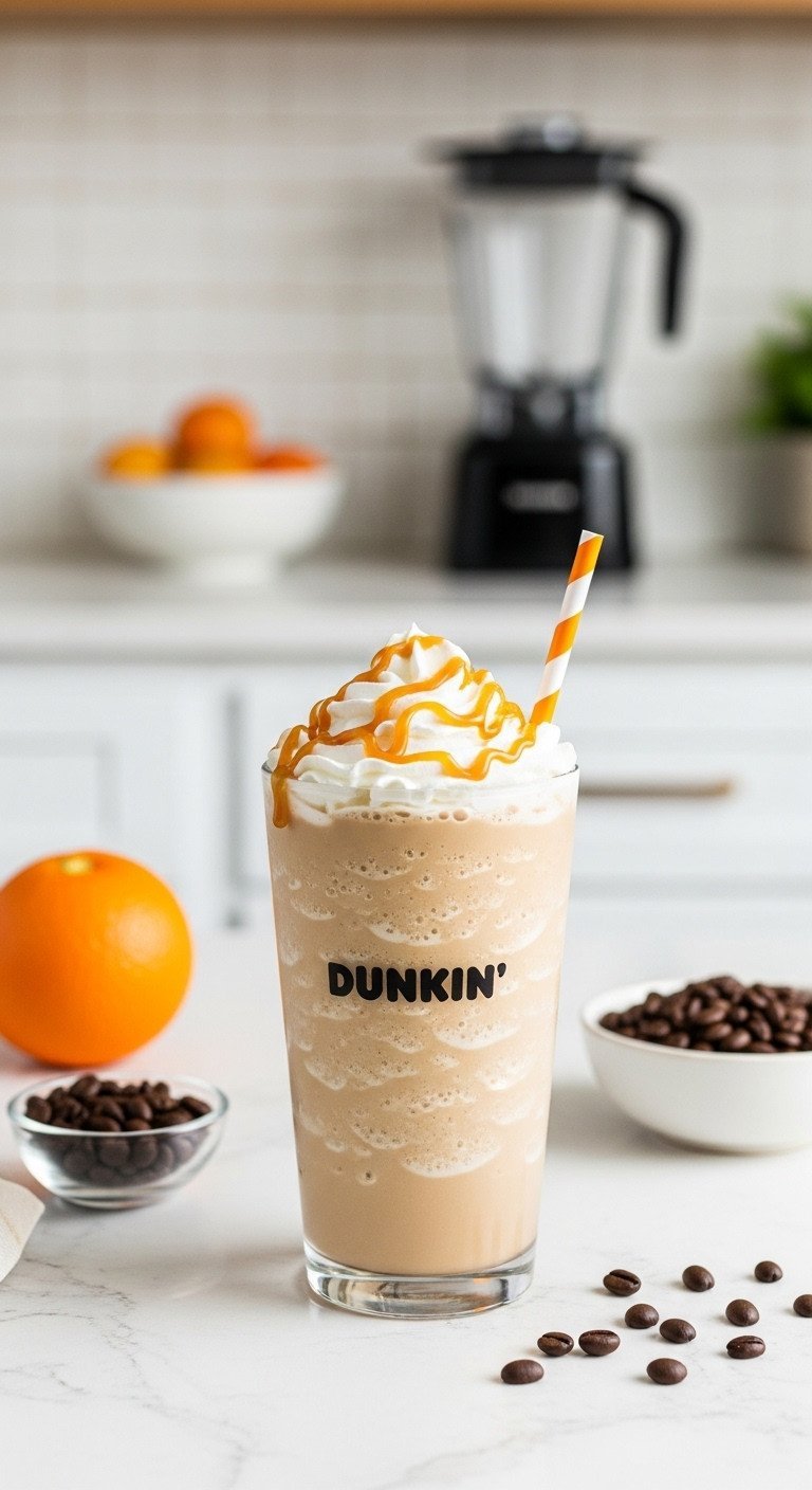Blended frozen coffee recipe in a tall glass, topped with whipped cream and caramel drizzle, set in a vibrant, modern kitchen.