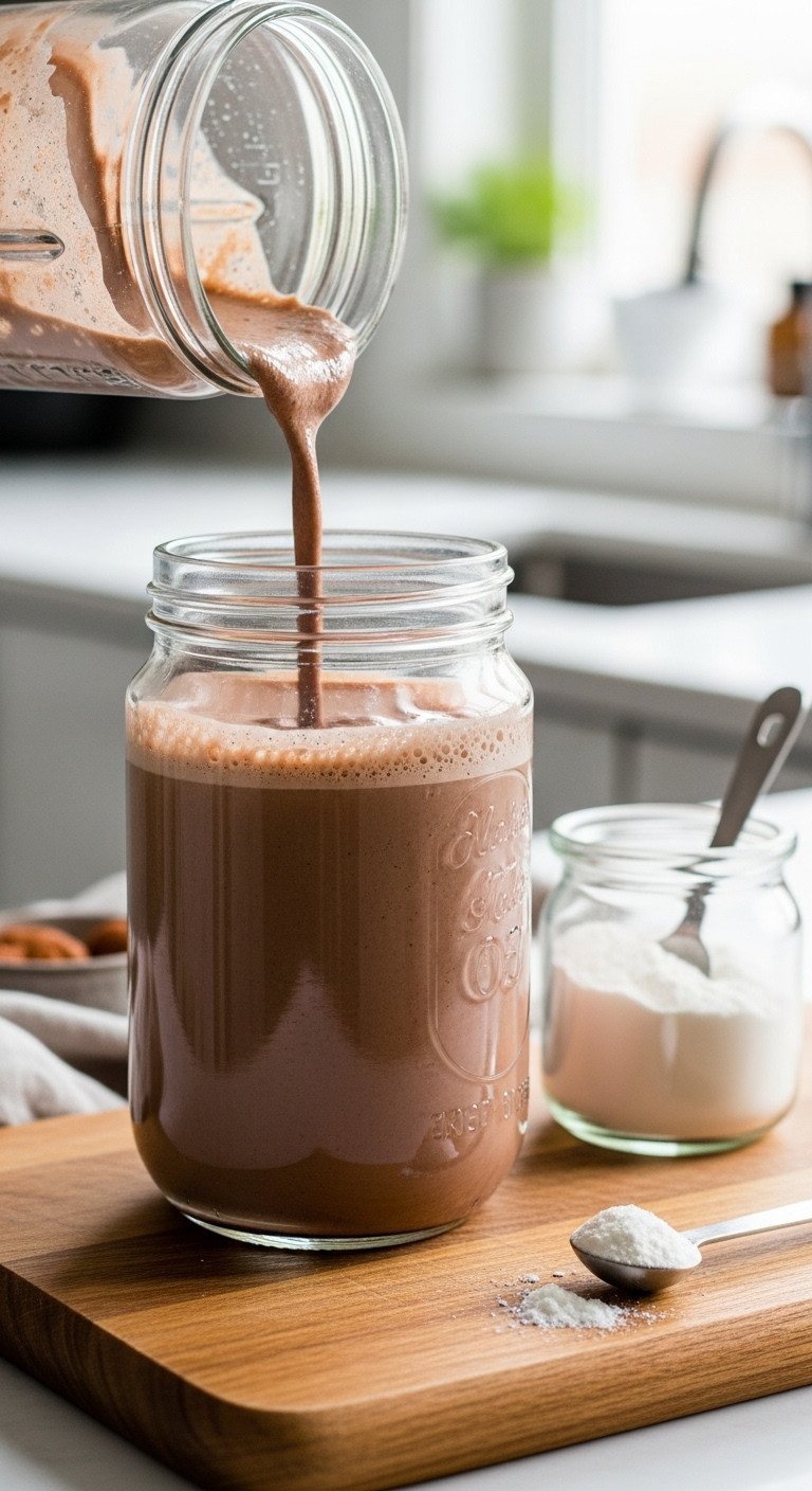 Mocha Frappe Copycat Guide For Perfect Creamy Texture 5 Blender jar with thick, emulsified mocha frappe showing rich froth, with xanthan gum on wooden board.