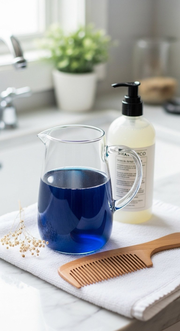 Butterfly Pea Tea Benefits Brewing and Color Change Secrets 13 Blue tea hair rinse in a glass pitcher with a wooden comb and minimalist shampoo on a white towel, natural beauty routine.