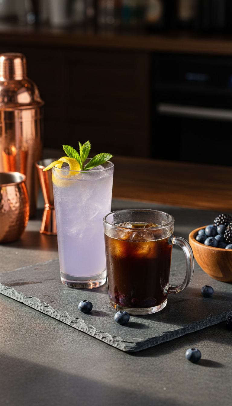 Homemade Blueberry Coffee Syrup: Easy Steps for Flavorful Drinks 13 Blueberry gin cocktail with lemon twist and cold brew coffee with blueberry syrup on a dark bar top, elegant drinks.