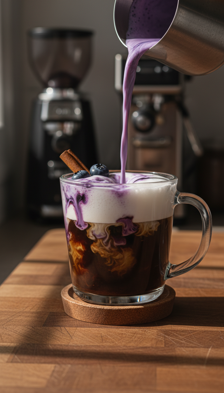 Homemade Blueberry Coffee Syrup: Easy Steps for Flavorful Drinks 11 Blueberry latte being poured into a clear glass mug, showing espresso, milk, and purple syrup layers, with fresh blueberry garnish.