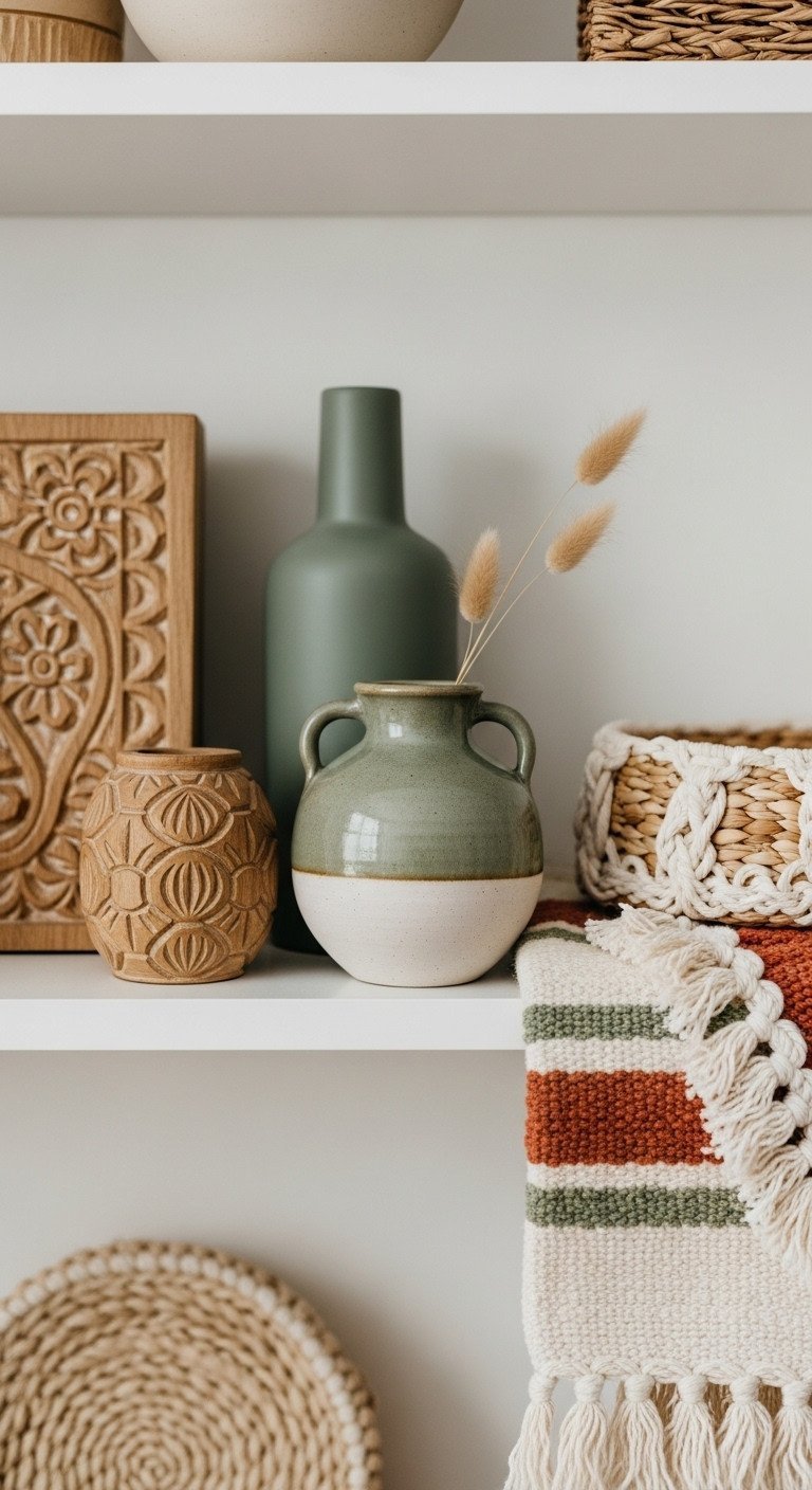 9 Genius Neutral Living Room Decor Ideas To Never Be Boring 17 Boho neutral living room: artisan accessories on shelf, carved wood, ceramic vase, woven textile, pampas grass. Earthy tones.