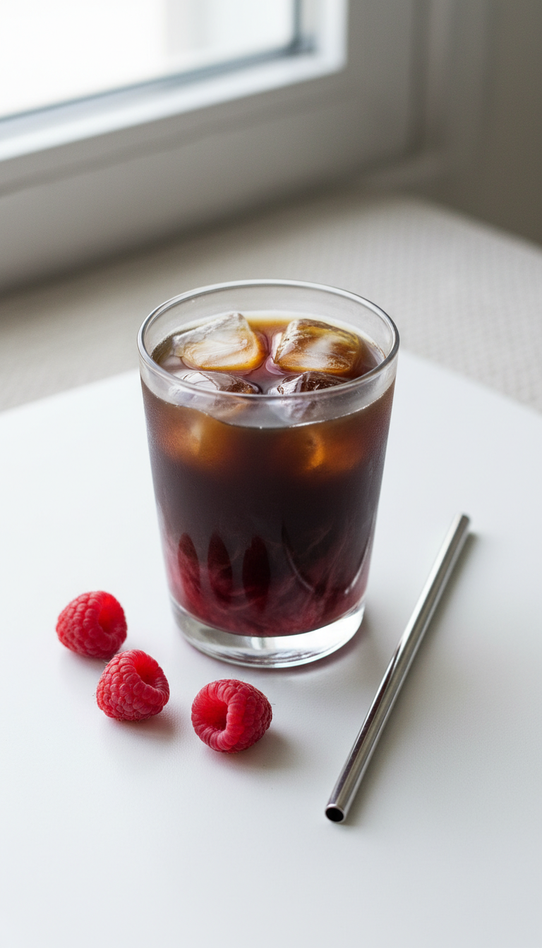 Dunkin' Sugar Free Iced Coffee: 11 Best Healthy Orders 7 Bold black raspberry iced coffee in a chic glass with ice, fresh raspberries, metal straw on white table, daylight.