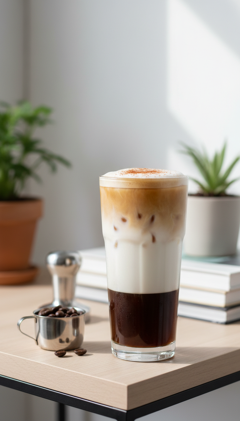 Bold cinnamon espresso iced latte, layered, dark espresso, milk foam, cinnamon, coffee beans, tamper on modern shelf.