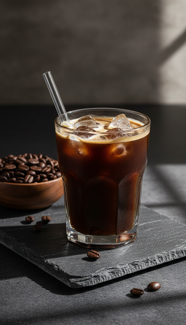 Dunkin' Coconut Iced Coffee: 5 Essential Order Hacks 7 Bold dark Cold Brew iced coffee with cream, ice, coffee beans, glass straw on stone surface. Energetic, strong flavor.