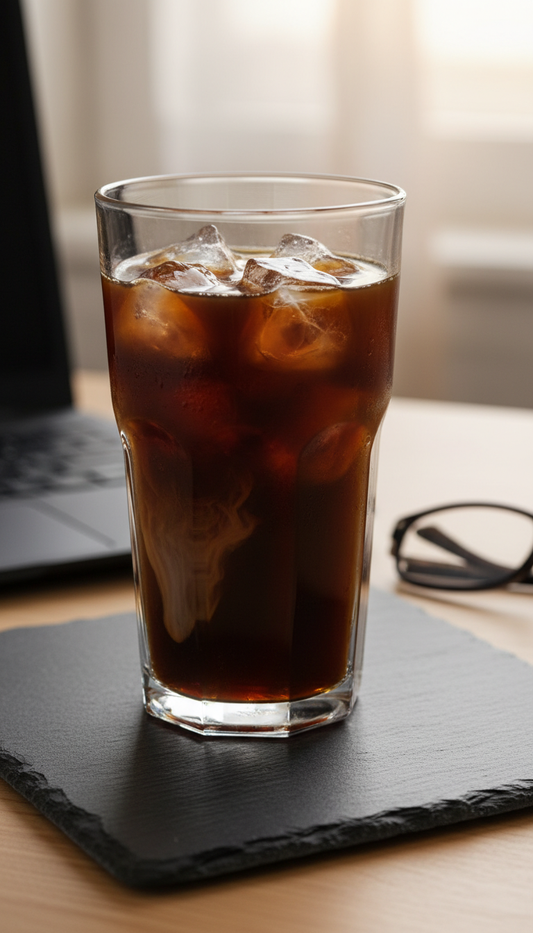 Bold, dark iced coffee in a clear glass with condensation on a stone surface beside a laptop. Strong morning coffee drink.