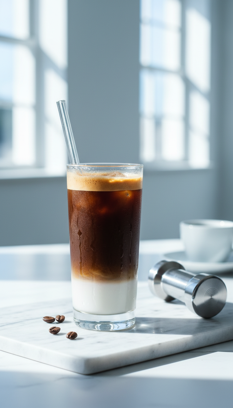 Best Dunkin Iced Macchiato Order: 7 Custom Hacks 3 Bold iced espresso macchiato, ice-sweating glass on marble. Coffee beans and tamper, bright minimalist room setting. Strong coffee.