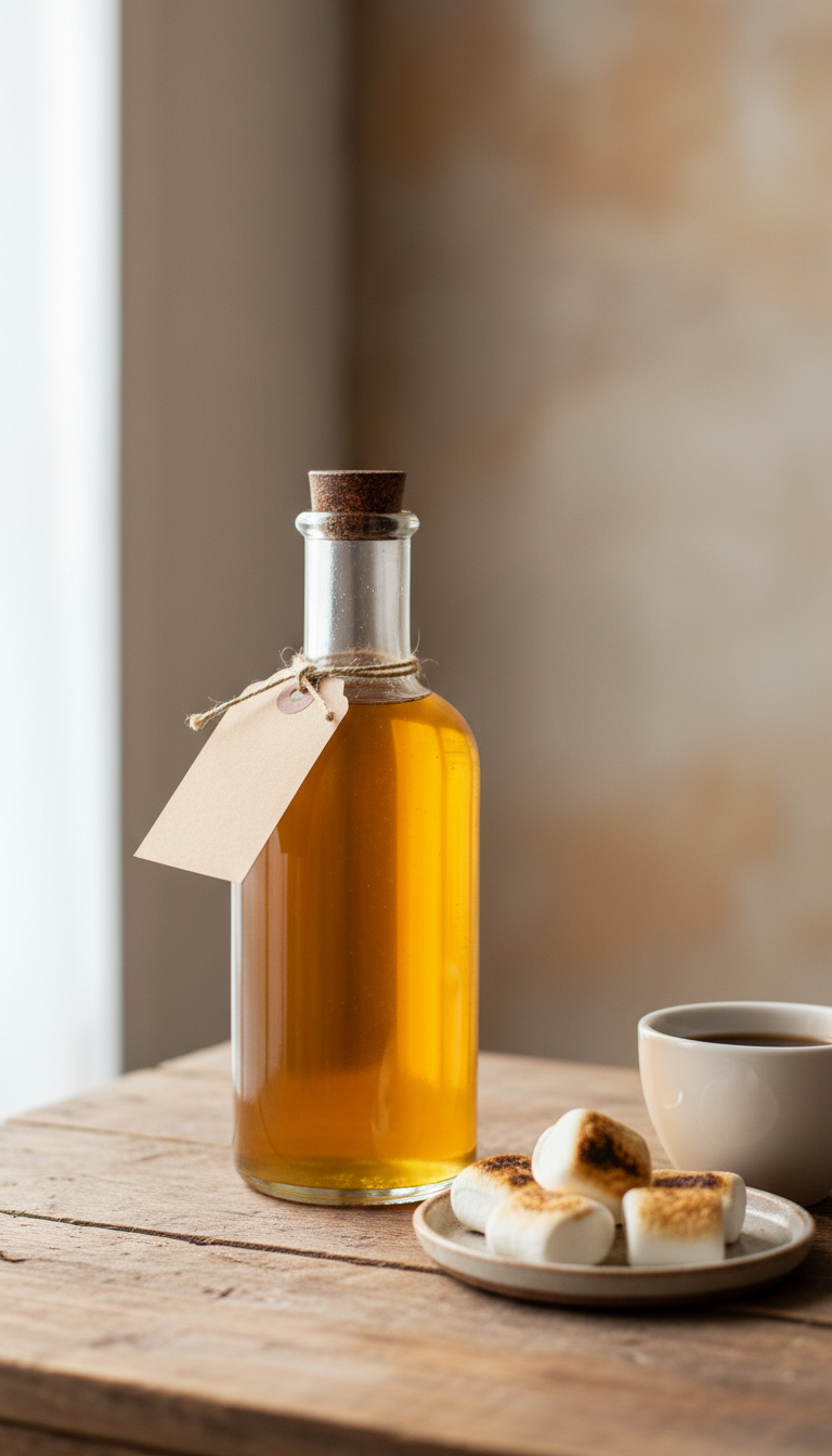 Bottled golden toasted marshmallow syrup in glass jar with cork on rustic wooden table, with whole marshmallows.