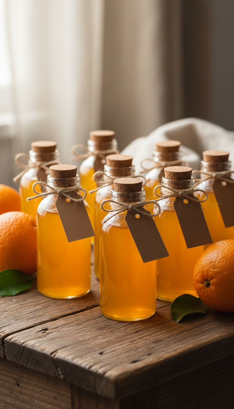 Homemade Orange Coffee Syrup: Easy Recipe for Lattes 13 Bottled orange coffee syrups with twine, whole oranges on a rustic wooden table with linen, soft natural window light.