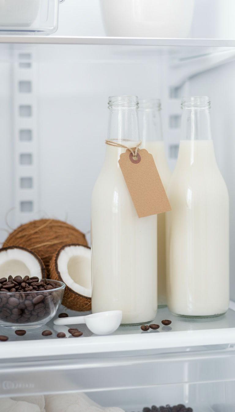 Homemade Toasted Coconut Coffee Syrup: Easy Recipe 9 Bottles of homemade coconut syrup on a refrigerator shelf with whole coconuts and coffee beans for kitchen storage.