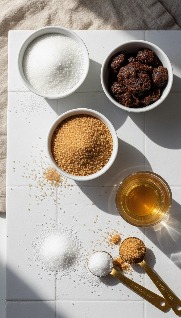 Homemade Toasted Coconut Coffee Syrup: Easy Recipe 11 Bowls of white, coconut, and brown sugar next to coconut simple syrup, with measuring spoons on a white tile surface.