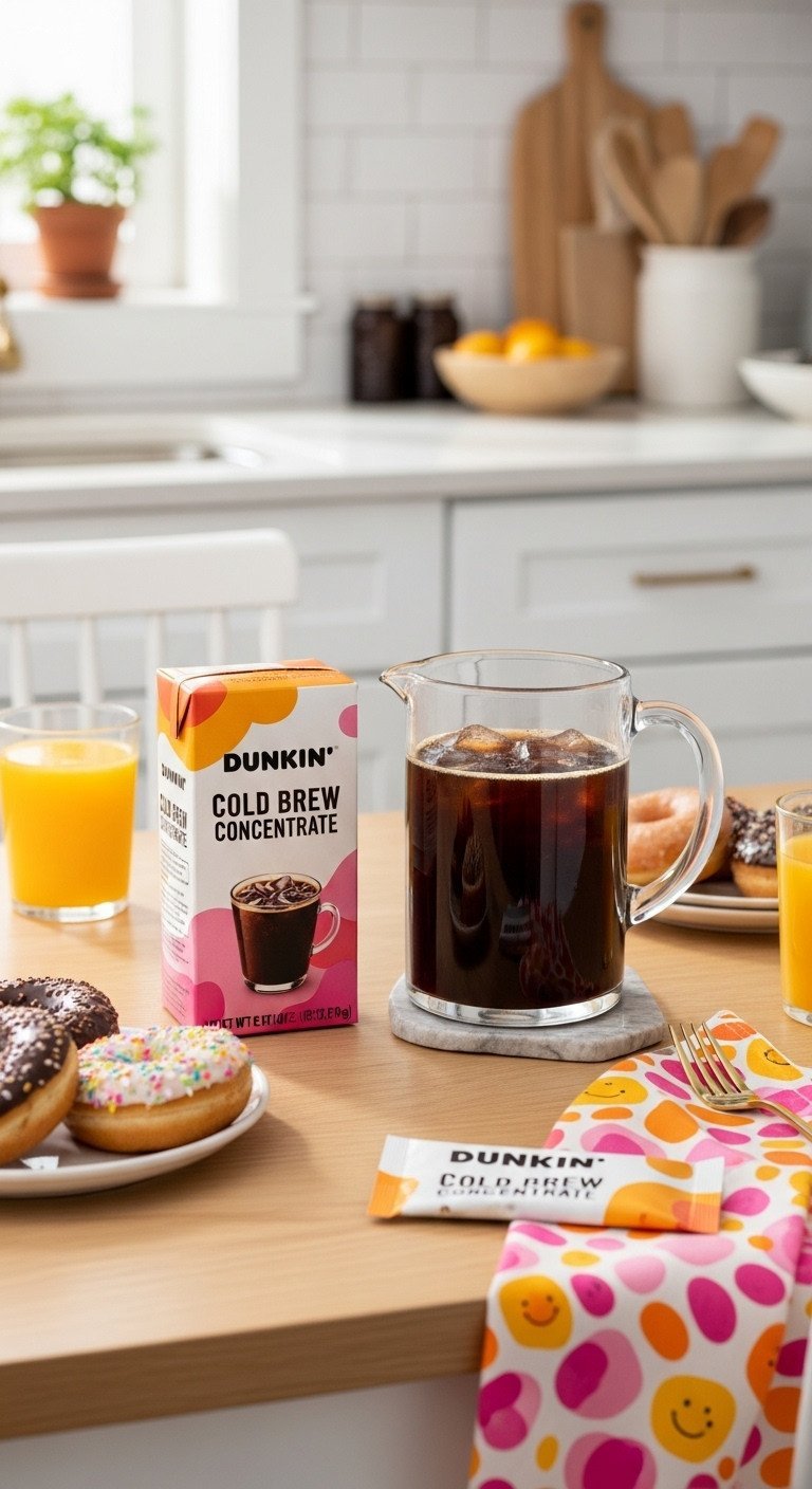 Cold Brew Concentrate The Foolproof Guide To Make Or Buy 11 Box of Dunkin' Cold Brew Concentrate packets on a kitchen table with a pitcher of cold brew coffee and a plate of donuts.
