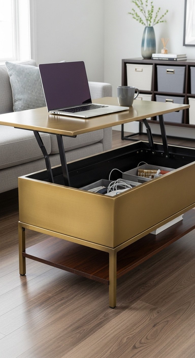 Brass plated lift-top coffee table, showing hidden storage and elevated work surface with laptop and mug.