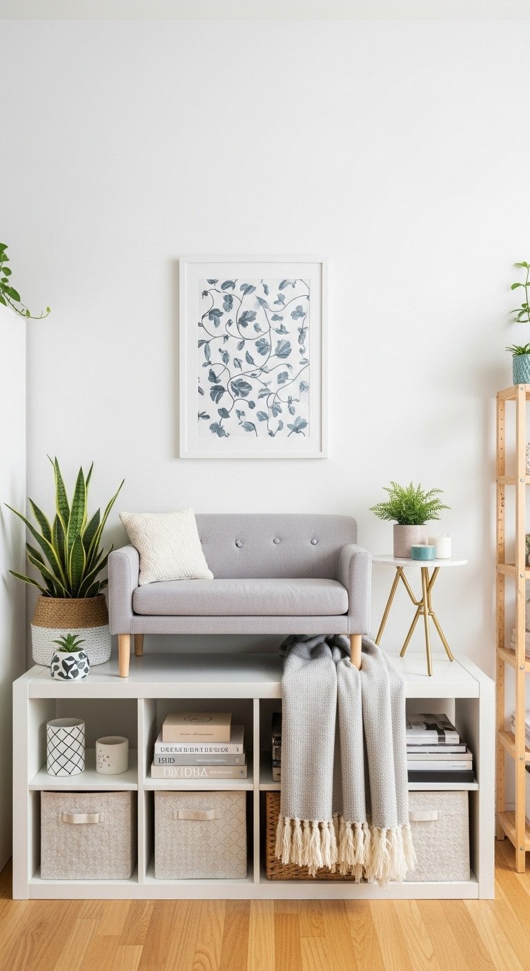 Bright, airy small living room: compact white sofa, natural wood side table. Minimalist decor and clever layout maximize tiny square footage.