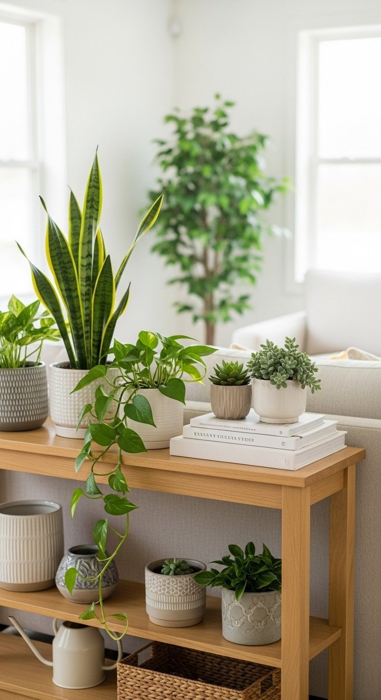 Bright living room with light oak sofa table, lush indoor plants: snake plant, pothos, succulents, design books, ceramic pots, fresh greens, white.