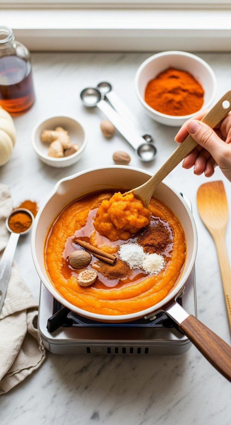 Pumpkin Spice Latte Master The 7 Step Real Recipe 1 Bright orange pumpkin puree, cinnamon, nutmeg, ginger, and maple syrup stirred in a rustic ceramic saucepan. Cozy fall recipe prep.