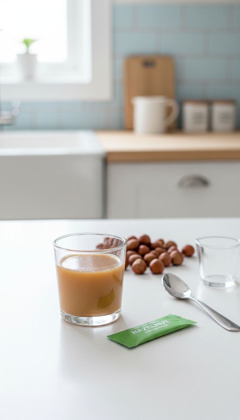 Bright sugar-free hazelnut coffee syrup with green sweetener packet and roasted nuts on a clean white table.
