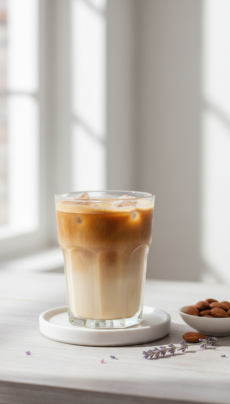 Best Dunkin Iced Macchiato Order: 7 Custom Hacks 11 Bright vanilla almond iced macchiato, layered with light milk on white coaster. Lavender, almonds. Soft natural window light.