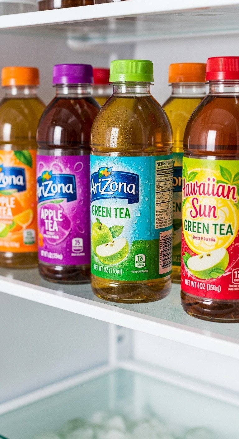 Brightly colored ready-to-drink apple green tea bottles with condensation lined on a sunny refrigerator shelf.