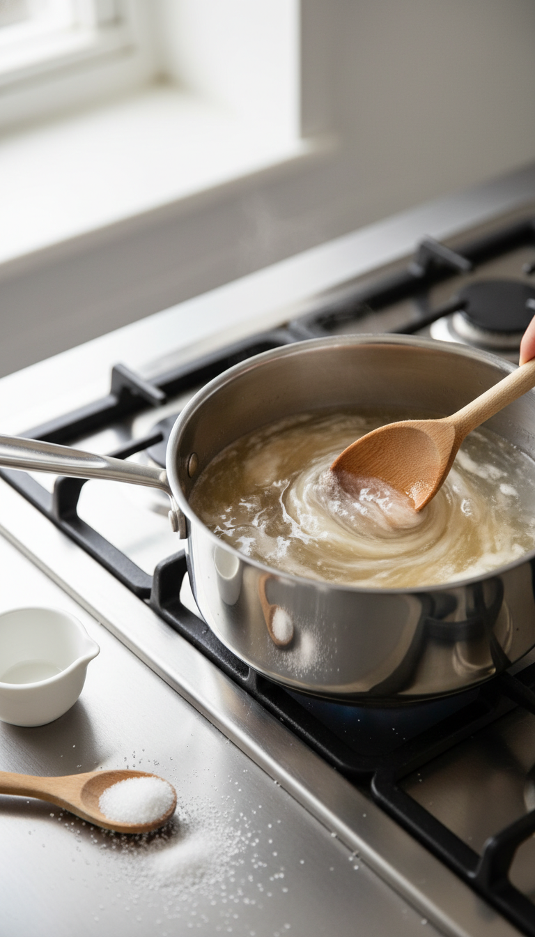 Homemade Toffee Nut Coffee Syrup: Ultimate Starbucks Dupe 1 Brown and white sugar dissolving in water, stirred in a stainless steel saucepan on stovetop. Homemade syrup preparation.