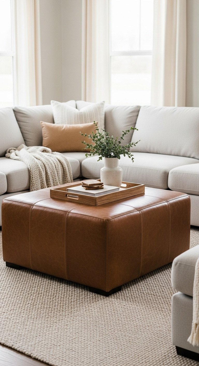 Elevate Your Space With A Luxurious Leather Coffee Table 11 Brown leather ottoman coffee table paired perfectly with a large neutral sectional sofa in a cozy living room, warm and inviting.