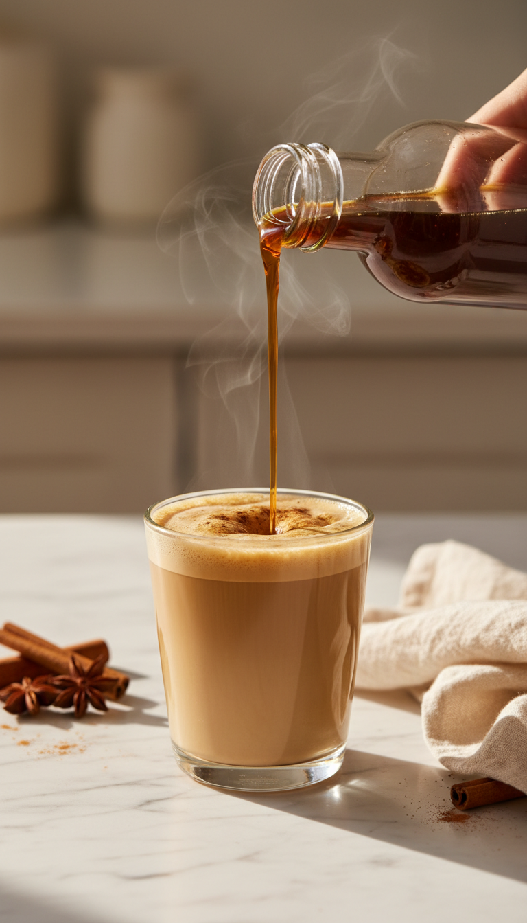 Homemade Coffee Syrup Gifts Easy Recipes & Ideas 3 Brown sugar cinnamon coffee syrup pouring into a latte, flecks of cinnamon visible, on a marble counter with spices.