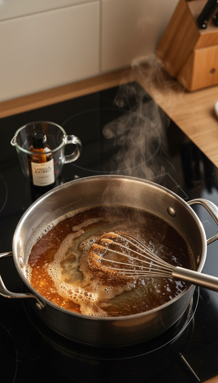 Homemade Cookie Butter Syrup: Easy Cafe-Style Recipe 1 Brown sugar dissolving in hot water, stirred in a stainless steel saucepan on a stovetop. Warm golden light for simple syrup preparation.