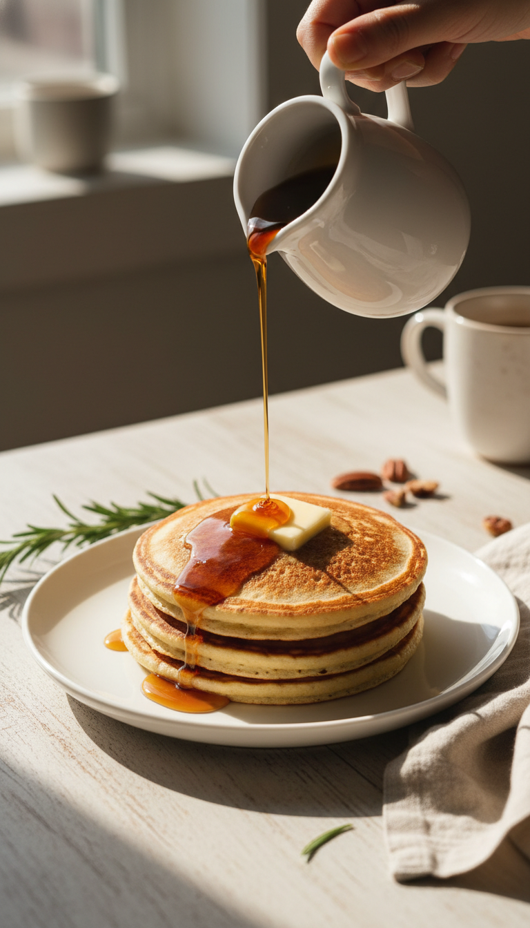 Brown sugar maple keto syrup pouring on keto pancakes with melting butter. Wooden table, ceramic plate, linen napkin.
