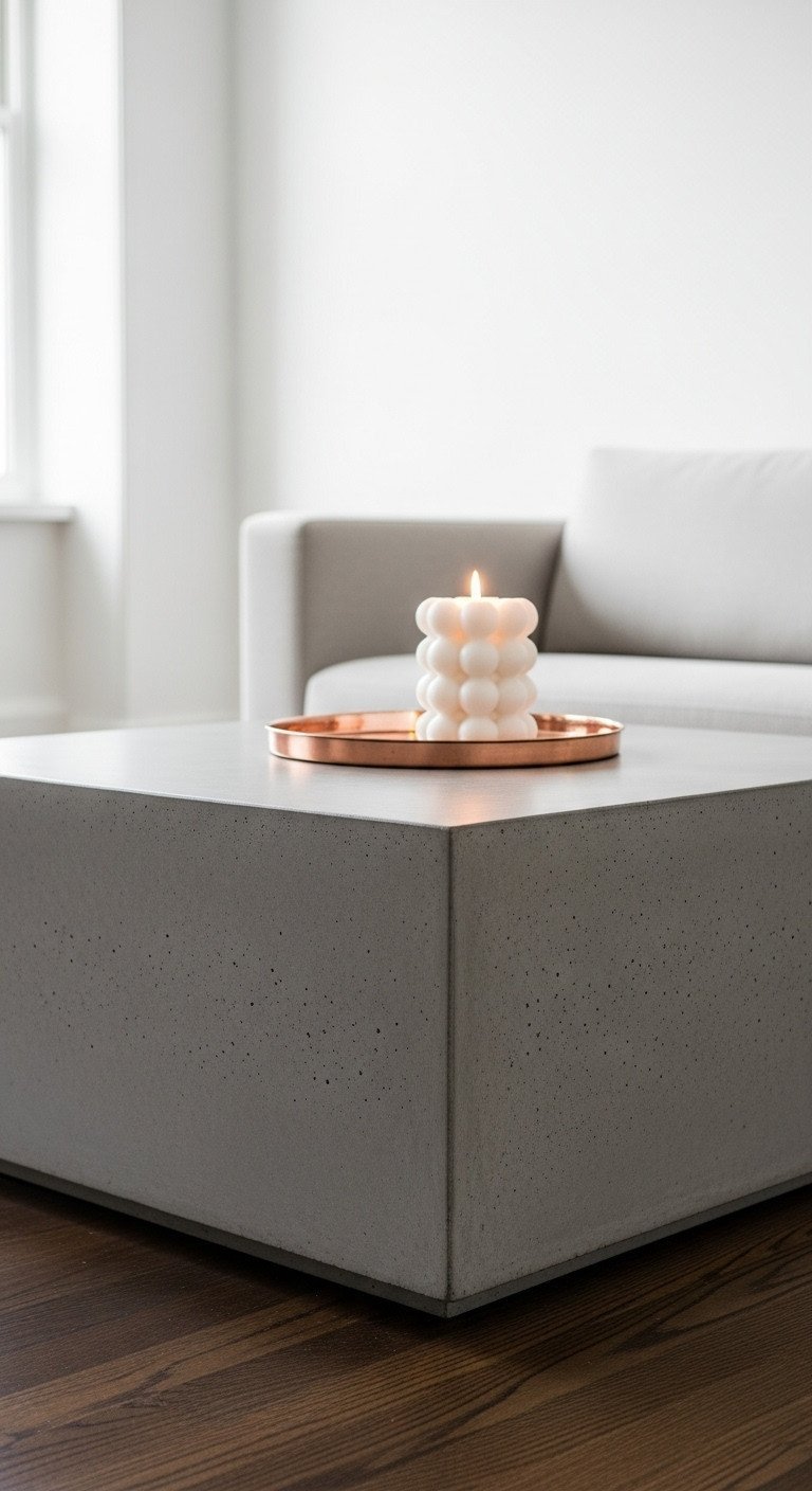 Brutalist concrete coffee table, matte gray texture. Monolithic design in a luxury minimalist interior with copper tray.